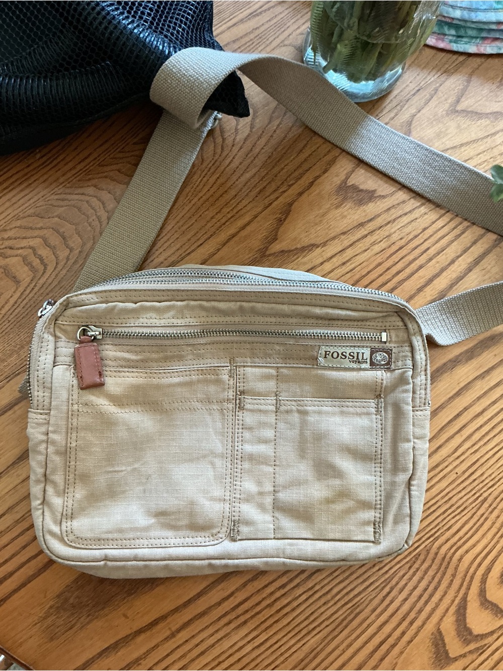 Fossil Beige Crossbody Canvas Shoulder Bag